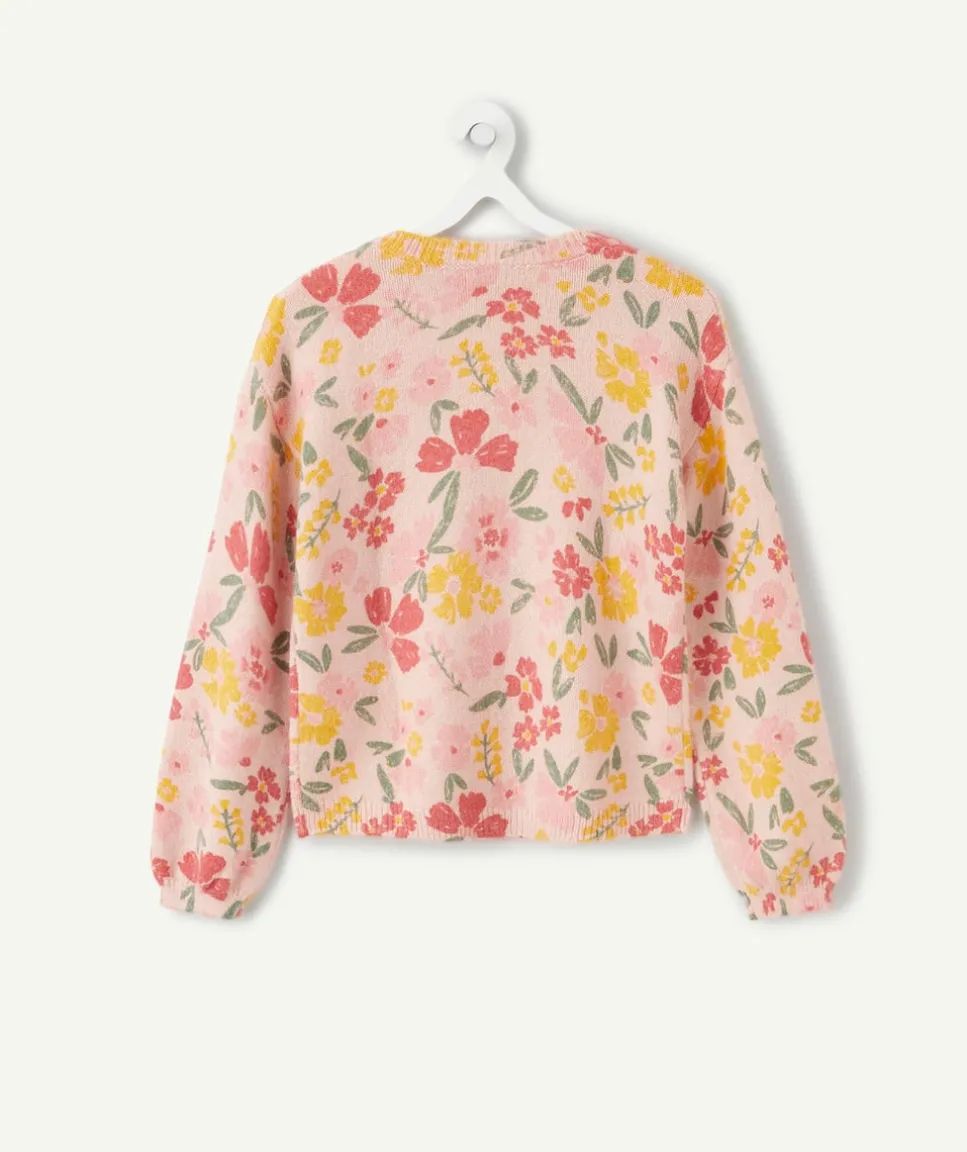 Pull fille à fleurs rose