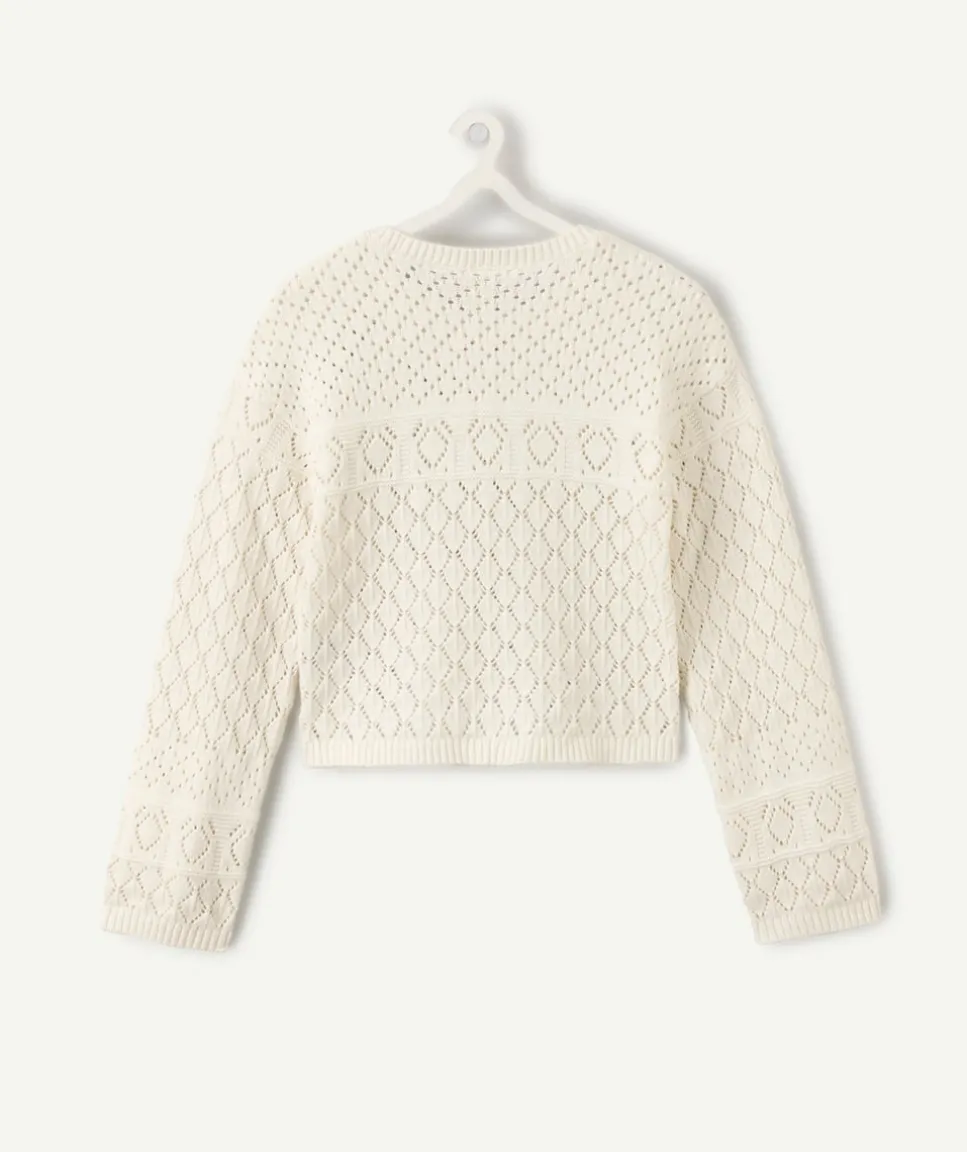 Pull fille maille ajourée écru