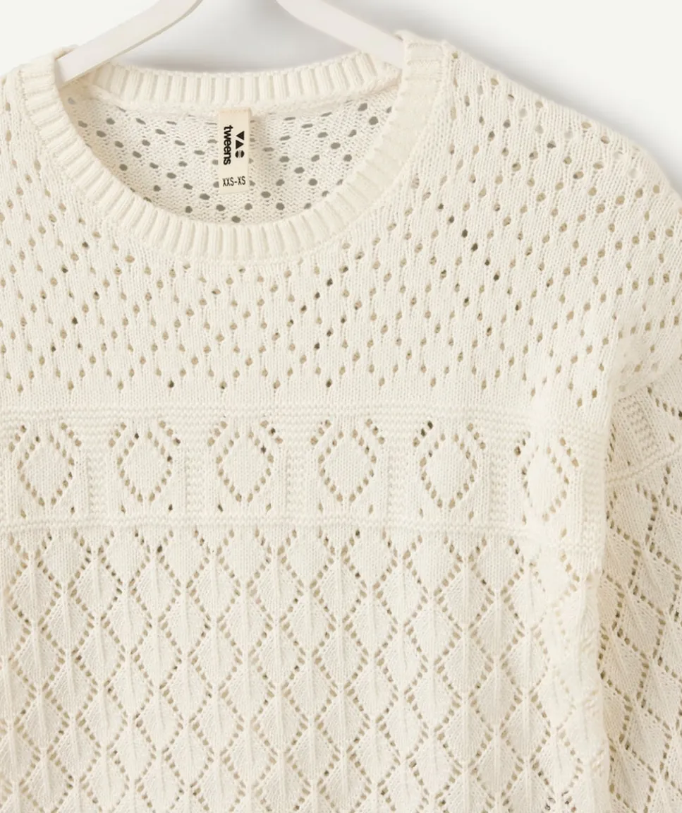 Pull fille maille ajourée écru