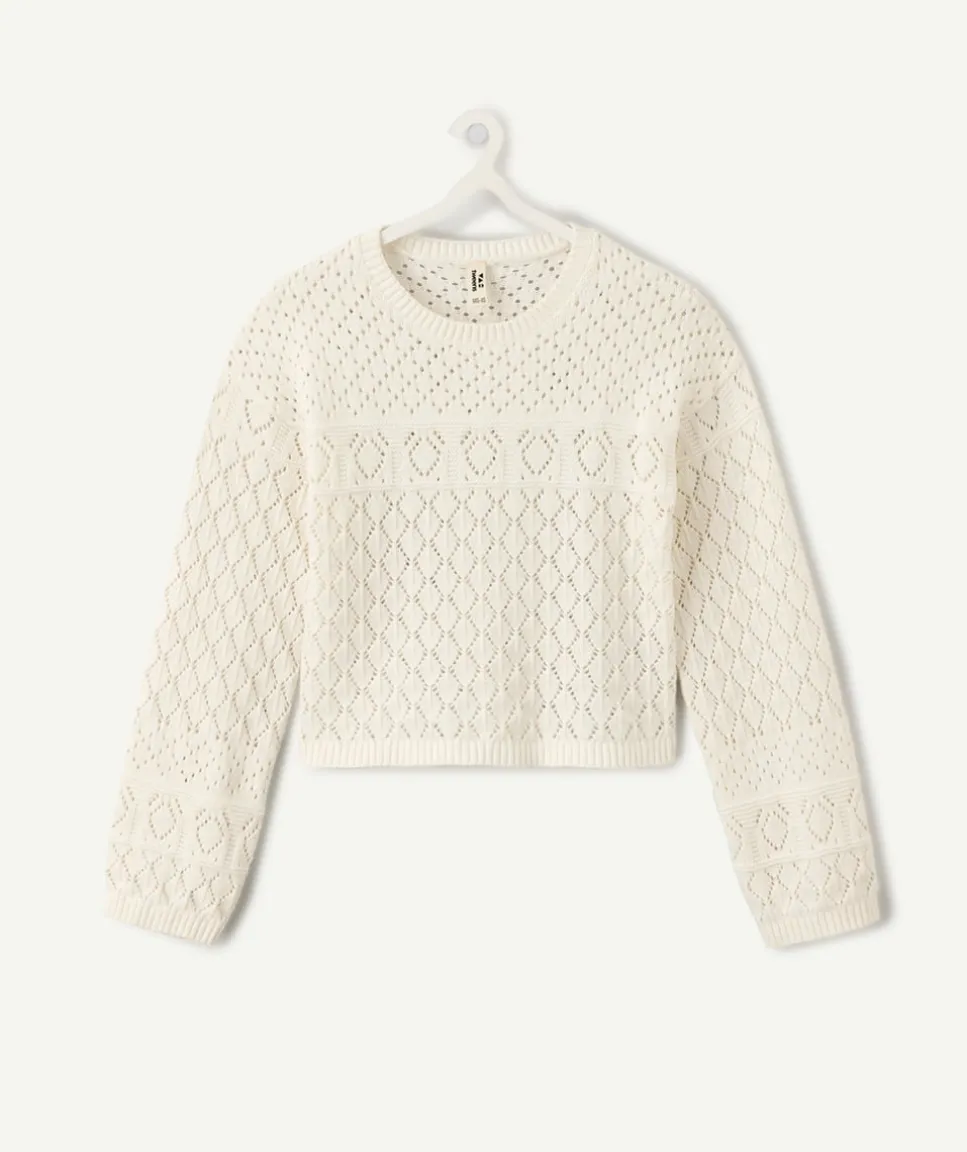 Pull fille maille ajourée écru