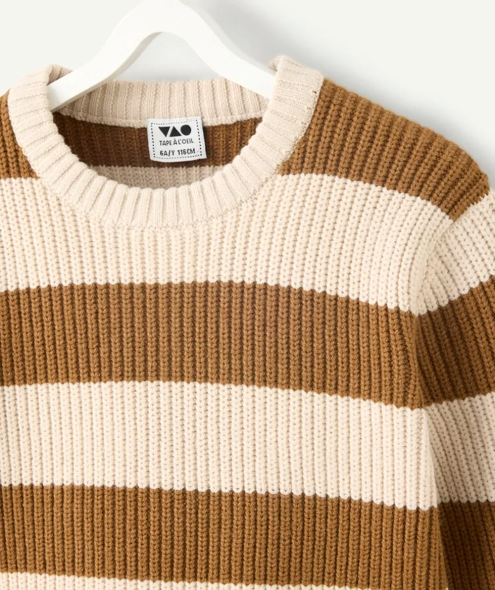 Pull garçon rayé beige et marron