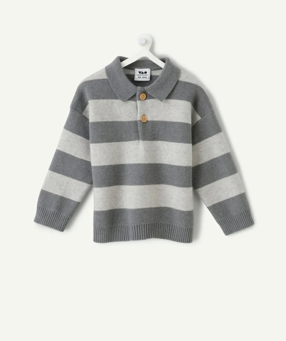 Pull garçon rayé à col polo gris