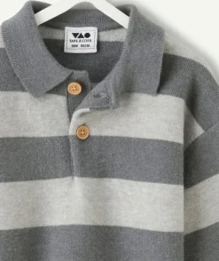 Pull garçon rayé à col polo gris