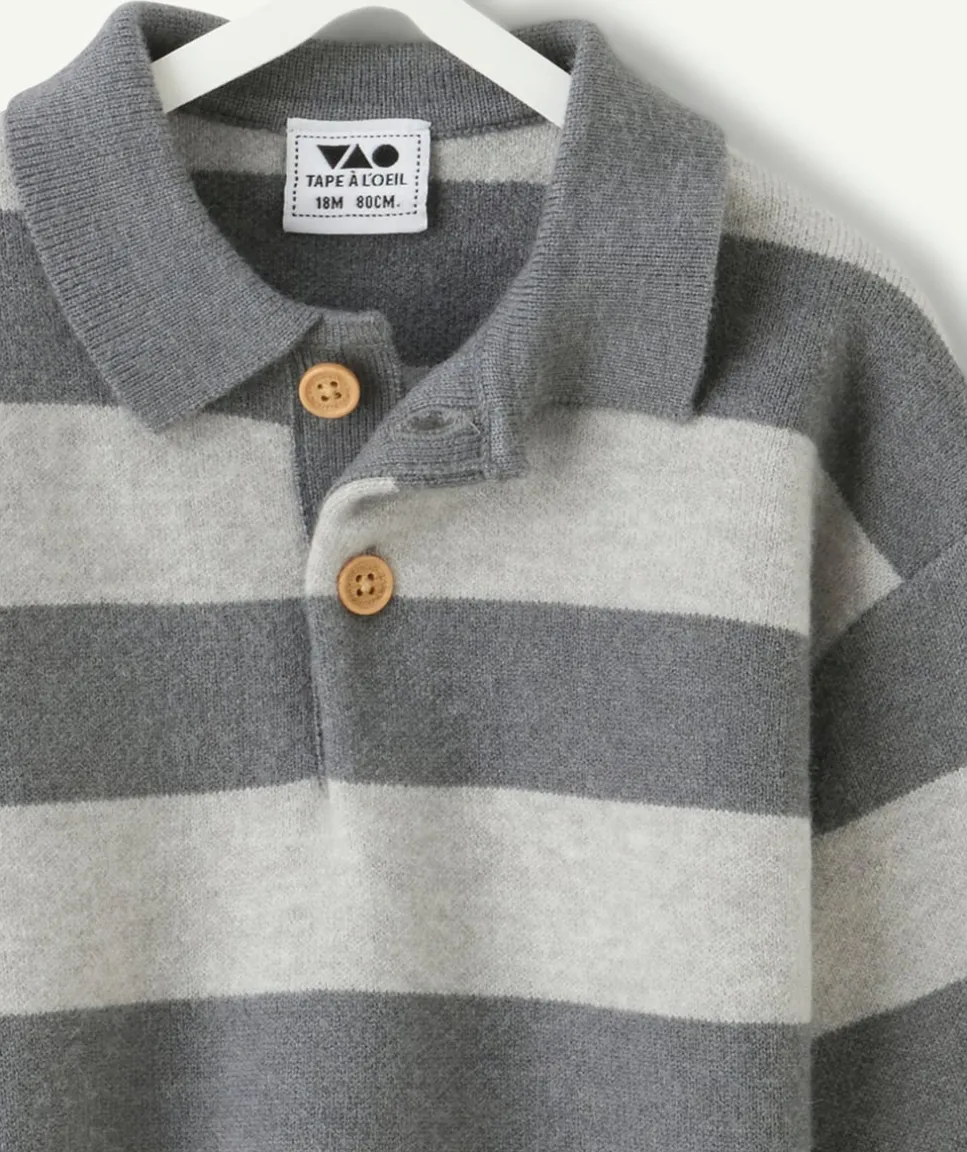 Pull garçon rayé à col polo gris