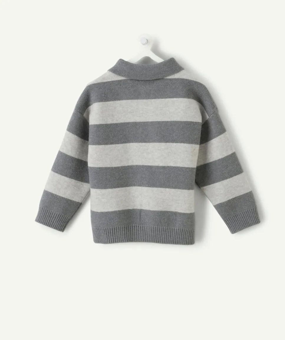 Pull garçon rayé à col polo gris