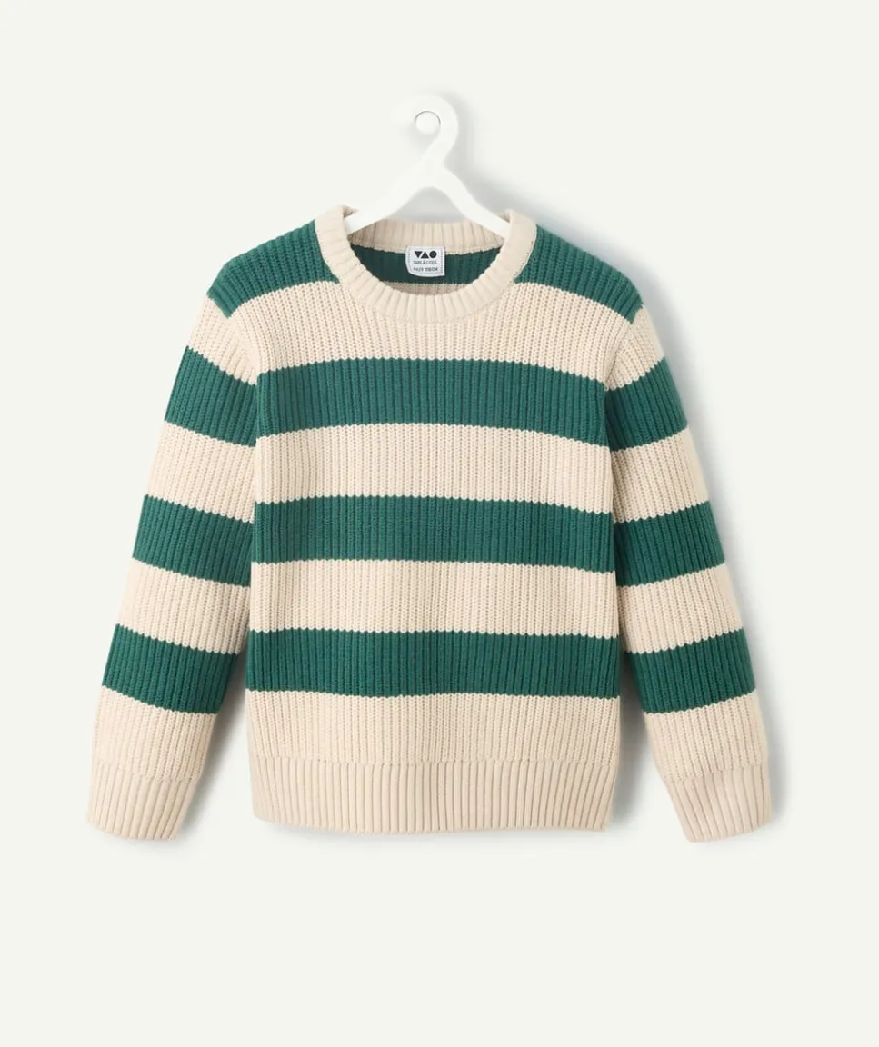 Pull garçon rayé vert et écru