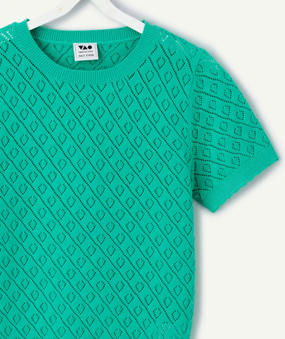 Pull manches courtes fille ajouré vert