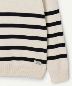 Pull manches longues garçon marinière écru et bleu marine