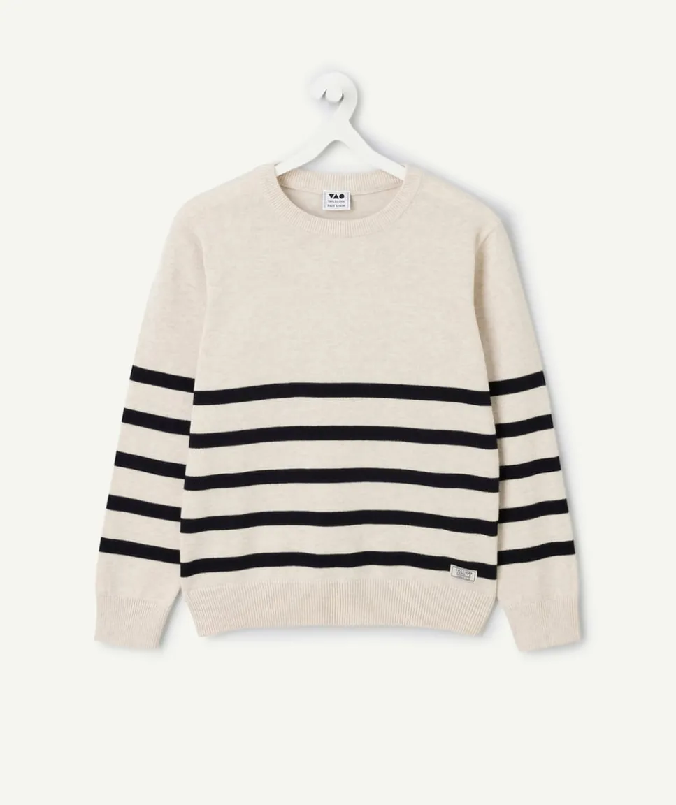 Pull manches longues garçon marinière écru et bleu marine