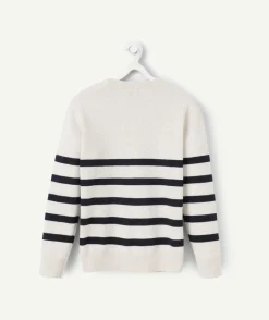 Pull manches longues garçon marinière écru et bleu marine