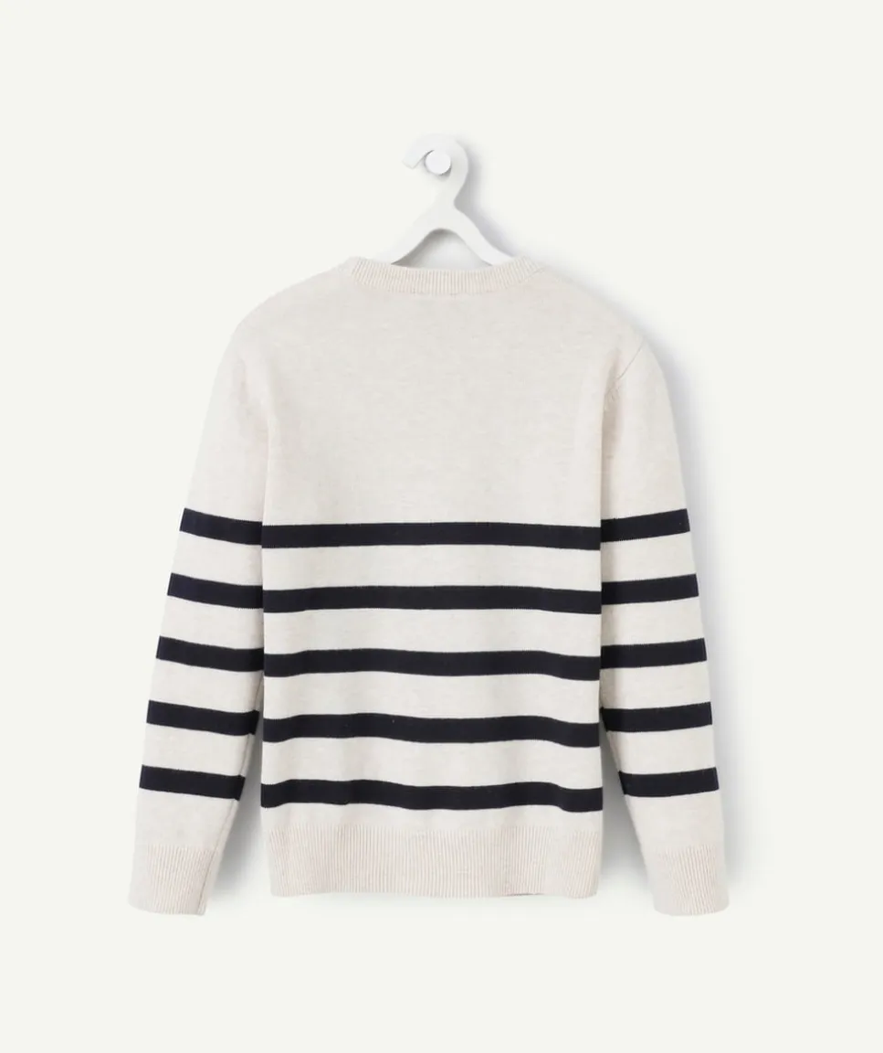 Pull manches longues garçon marinière écru et bleu marine