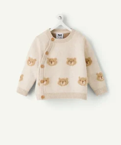 Pull naissance garçon écru motif oursons