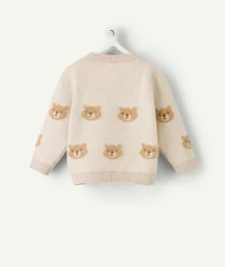 Pull naissance garçon écru motif oursons
