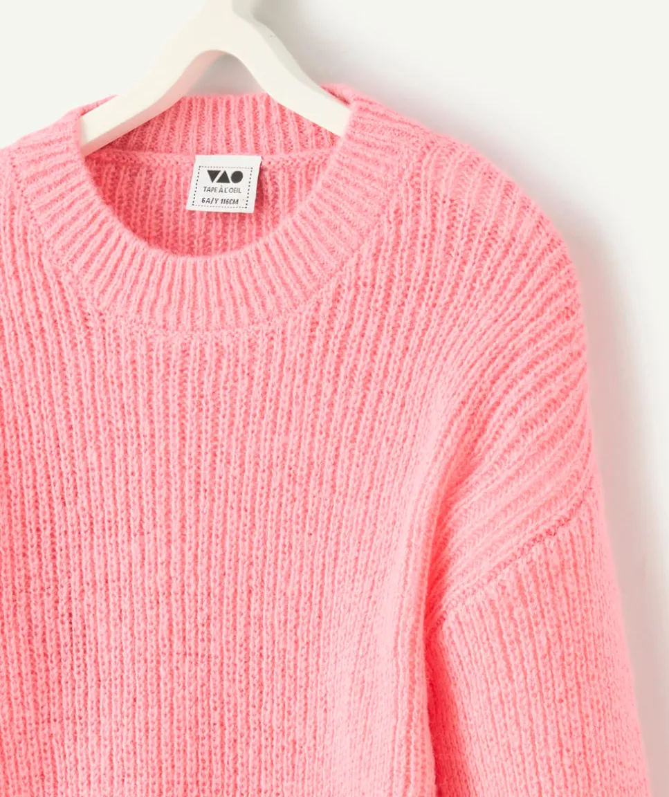 Pull rose fille en tricot rose à manches longues