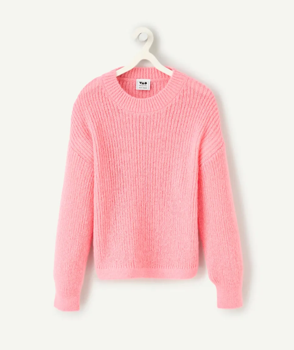 Pull rose fille en tricot rose à manches longues