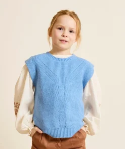 Pull sans manches fille bleu en maille
