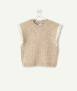 Pull sans manches fille maille beige volant