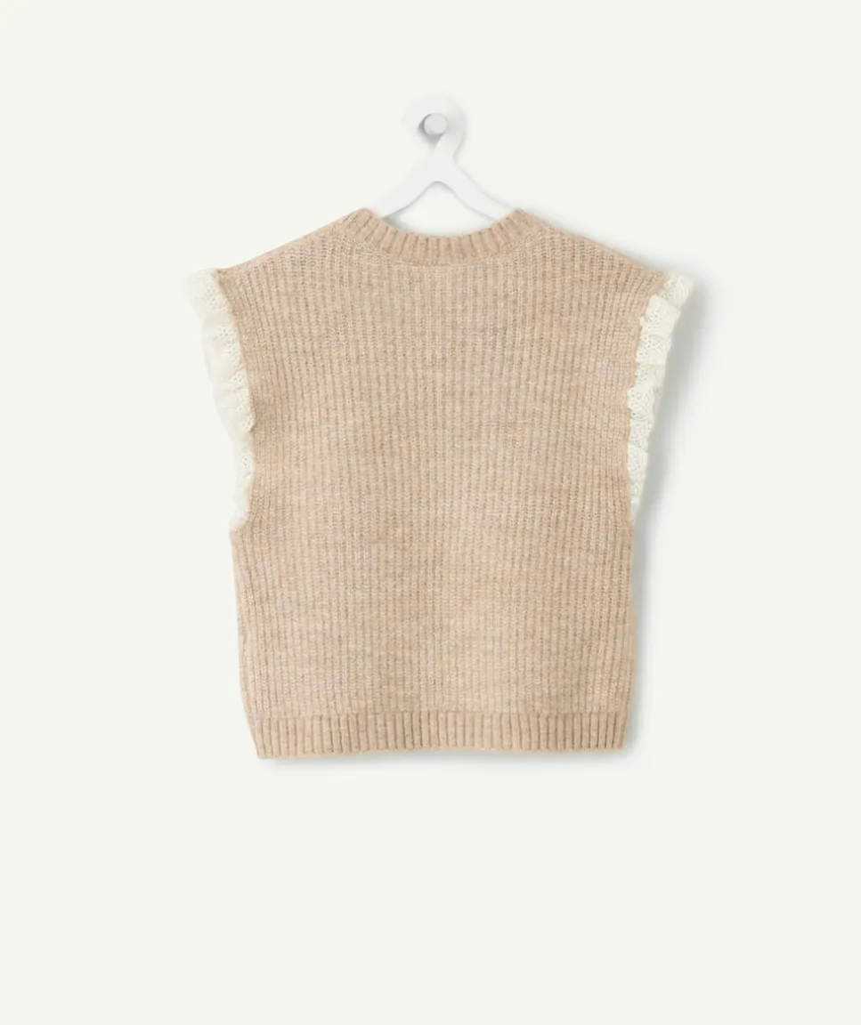 Pull sans manches fille maille beige volant