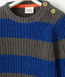 Pull tricot bébé garçon en fibres recyclées rayé gris et bleu