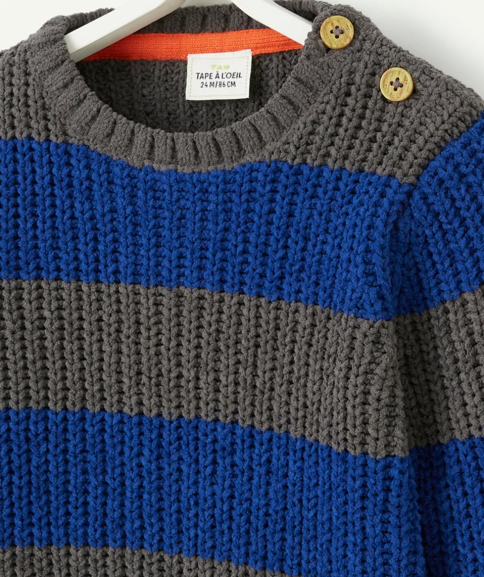 Pull tricot bébé garçon en fibres recyclées rayé gris et bleu