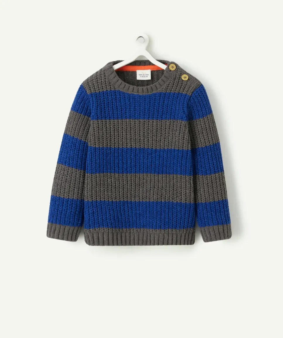 Pull tricot bébé garçon en fibres recyclées rayé gris et bleu