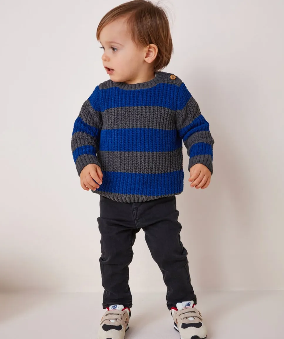 Pull tricot bébé garçon en fibres recyclées rayé gris et bleu
