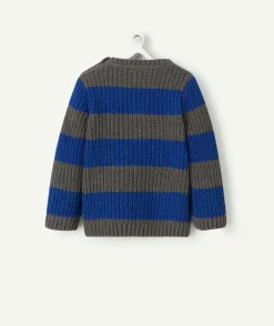 Pull tricot bébé garçon en fibres recyclées rayé gris et bleu