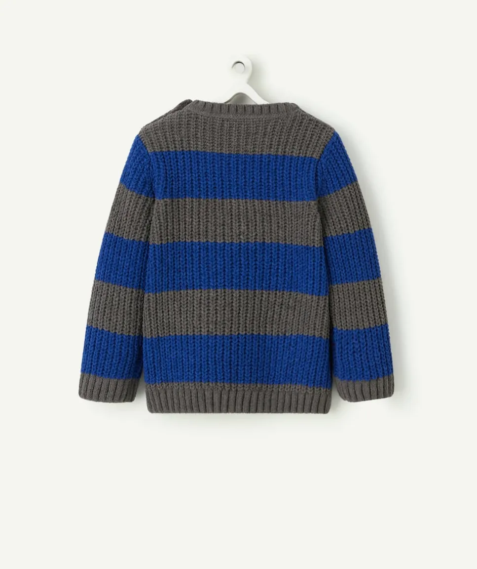 Pull tricot bébé garçon en fibres recyclées rayé gris et bleu