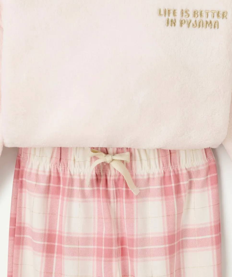 Pyjama chaud effet polaire fille rose à carreaux