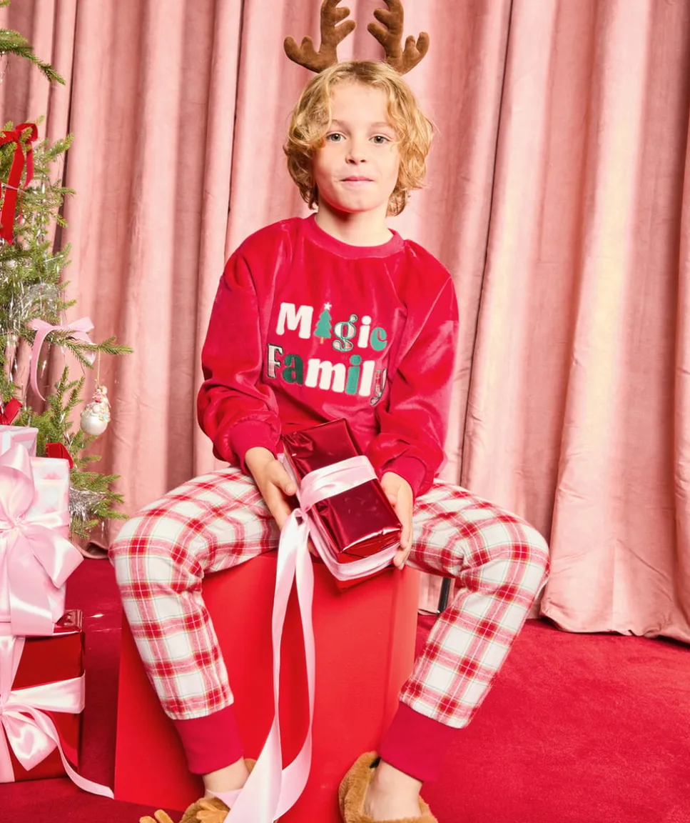 Pyjama chaud effet polaire garçon rouge avec message imprimé noël