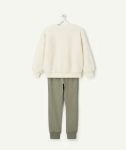 Pyjama chaud effets velours garçon beige et kaki