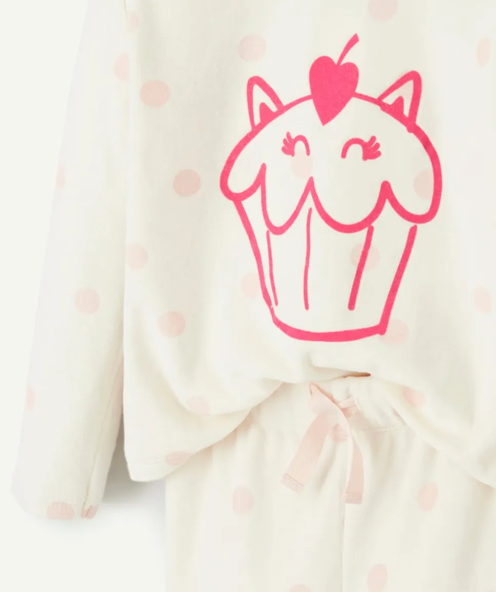 Pyjama chaud effet velours fille blanc à pois rose cupcake