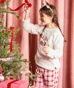Pyjama chaud effet velours fille blanc imprimé noël