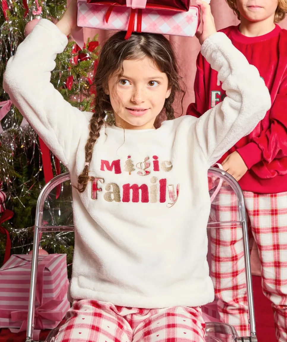 Pyjama chaud effet velours fille blanc imprimé noël