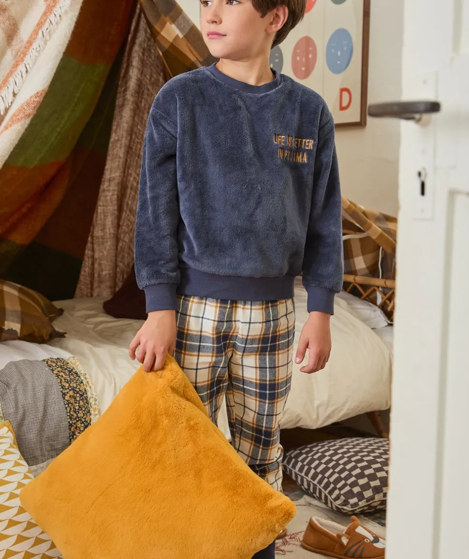 Pyjama chaud effet velours garçon marine à carreaux