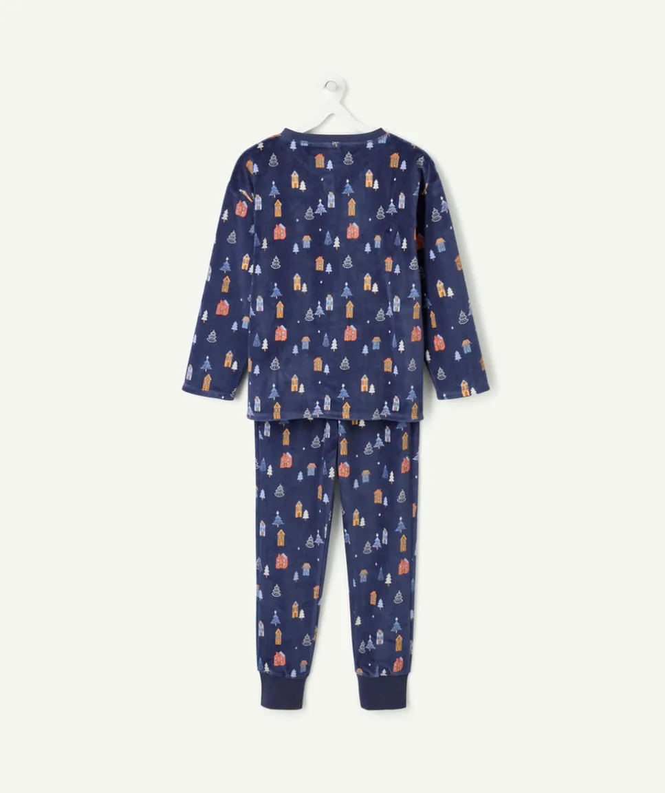 Pyjama chaud effet velours garçon imprimé maisons bleu nuit