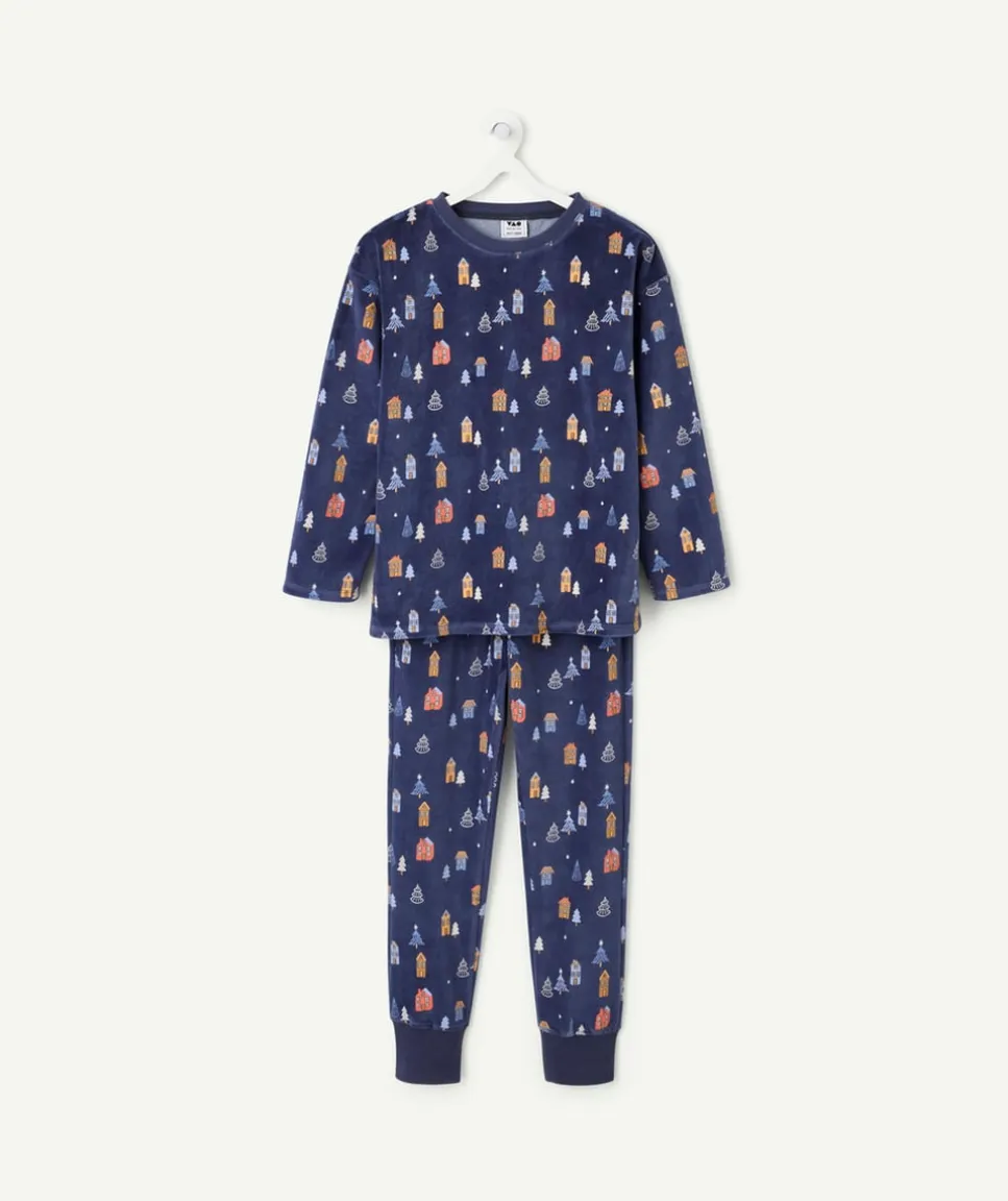 Pyjama chaud effet velours garçon imprimé maisons bleu nuit