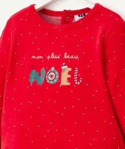 Pyjama de noël pour bébé effet velours rouge avec écriture