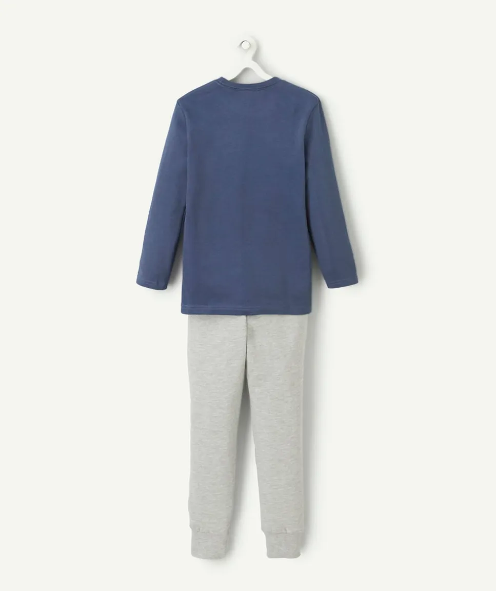 Pyjama garçon en coton bio gris et bleu avec message tokyo vert