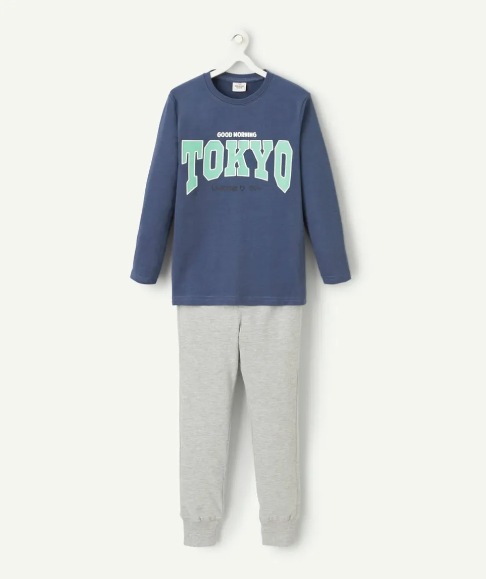 Pyjama garçon en coton bio gris et bleu avec message tokyo vert
