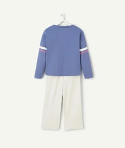 Pyjama manches longues fille en coton bio bleu et écru avec message