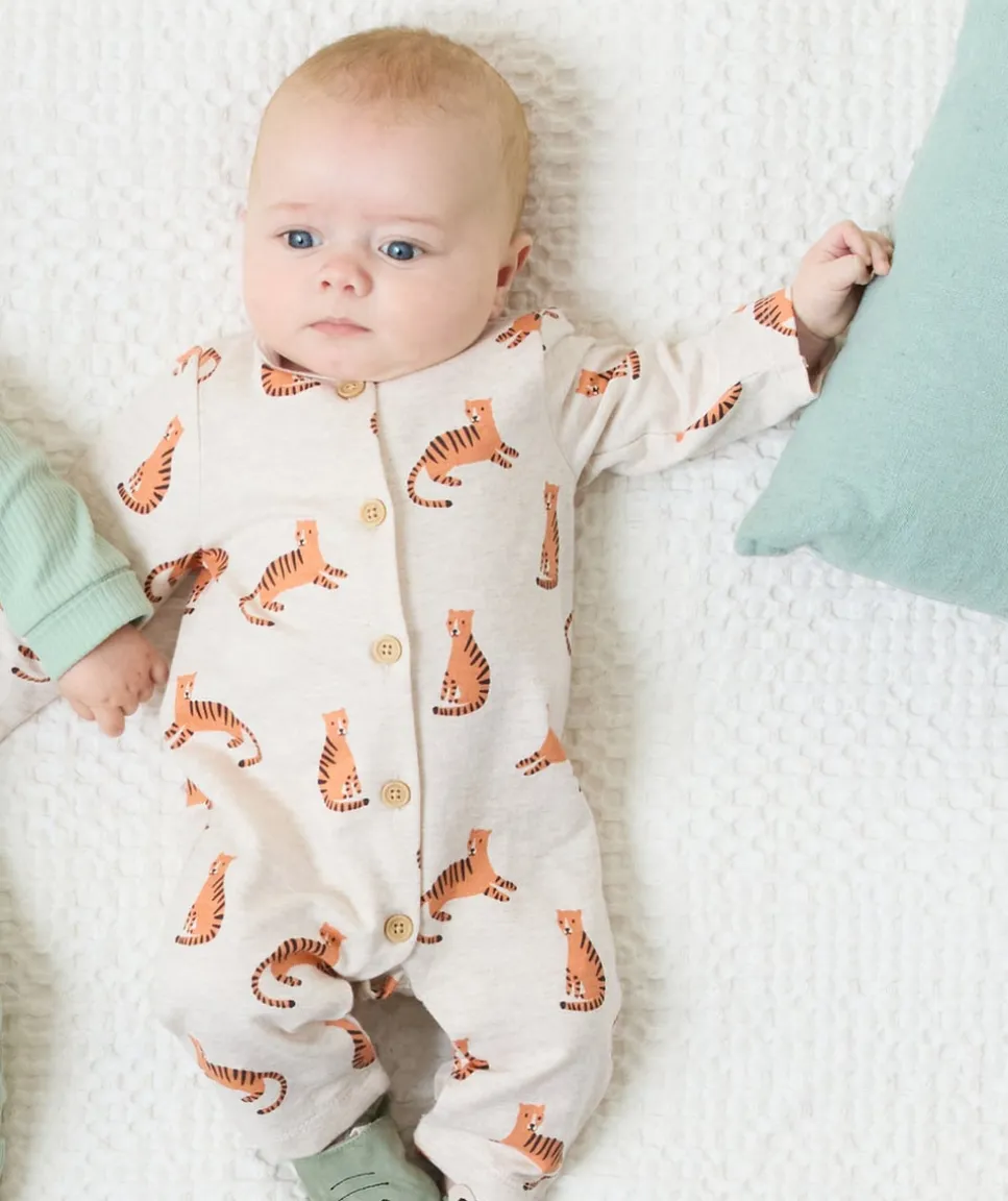 Pyjama sans pieds en coton bio beige avec imprimé tigre