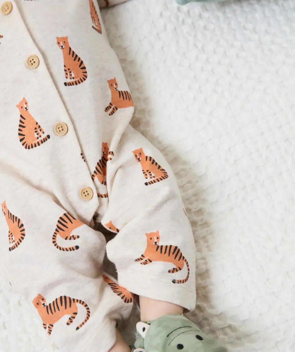 Pyjama sans pieds en coton bio beige avec imprimé tigre