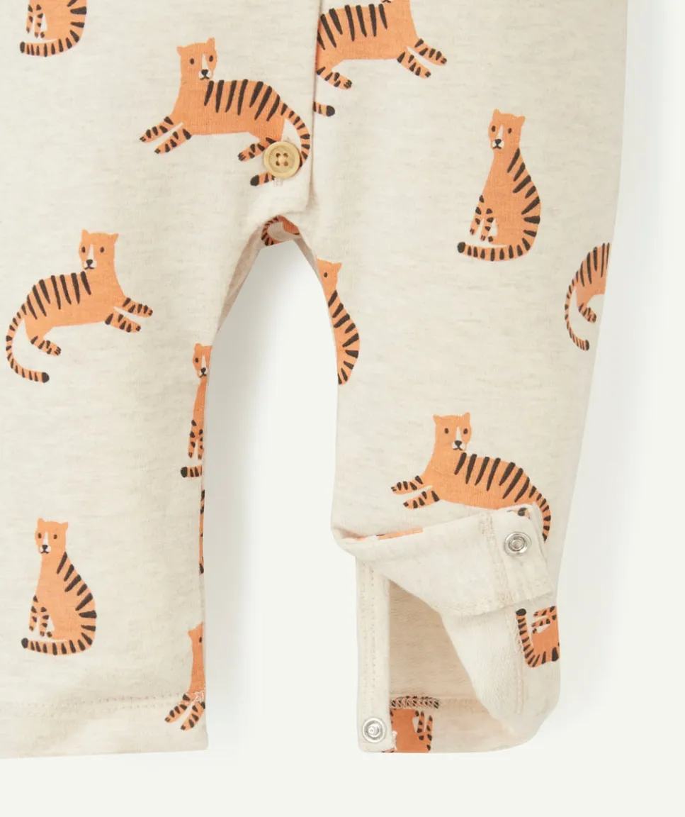 Pyjama sans pieds en coton bio beige avec imprimé tigre