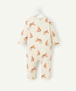 Pyjama sans pieds en coton bio beige avec imprimé tigre