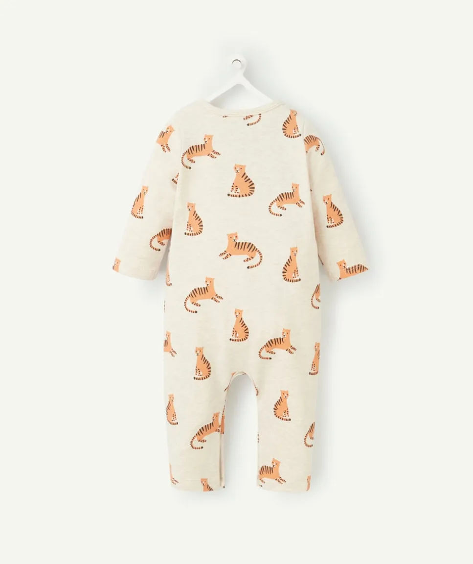 Pyjama sans pieds en coton bio beige avec imprimé tigre