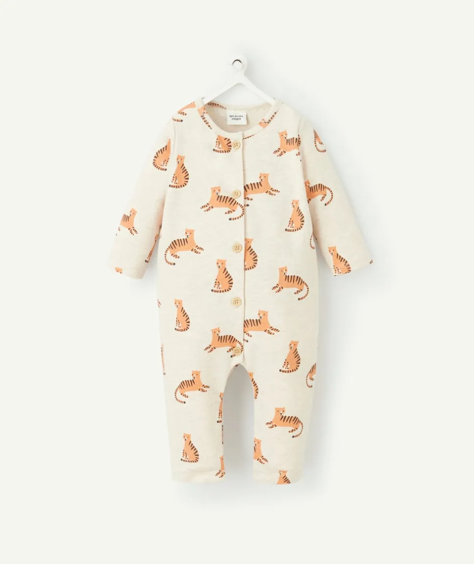 Pyjama sans pieds en coton bio beige avec imprimé tigre