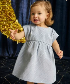 Robe bébé fille bleue à pois manches courtes