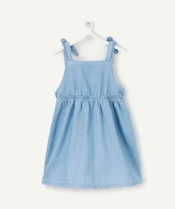 Robe bébé fille en denim léger et lower impact bleu avec broderie fleur