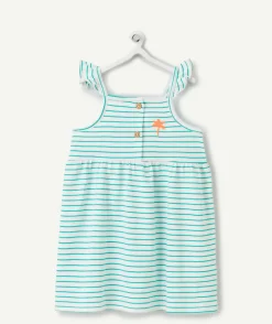 Robe à bretelles bébé fille en coton bio rayé vert et blanc